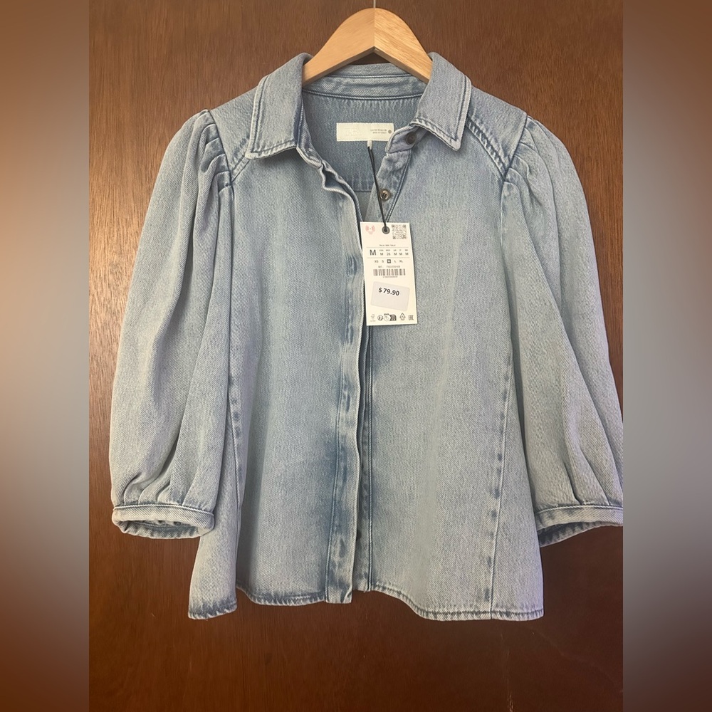 NWT ZARA Collection Light Blue Denim Shirt With Puffed Sleeves - Picture 4 of 6